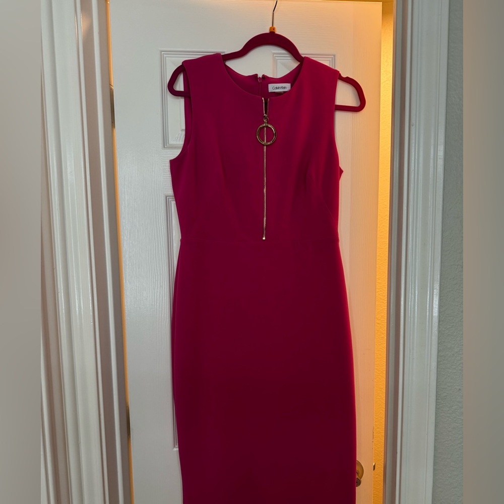 Calvin Klein Hot Pink Sleeveless Midi Sheath Dress with Ring Zip